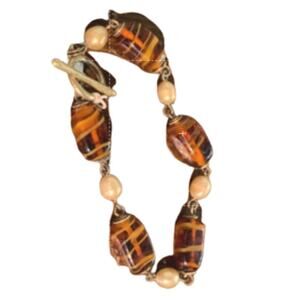 Lia Sophia Women's Fashion Jewelry Glass Bead Pearl Bracelet Swirl Brown Size 8"